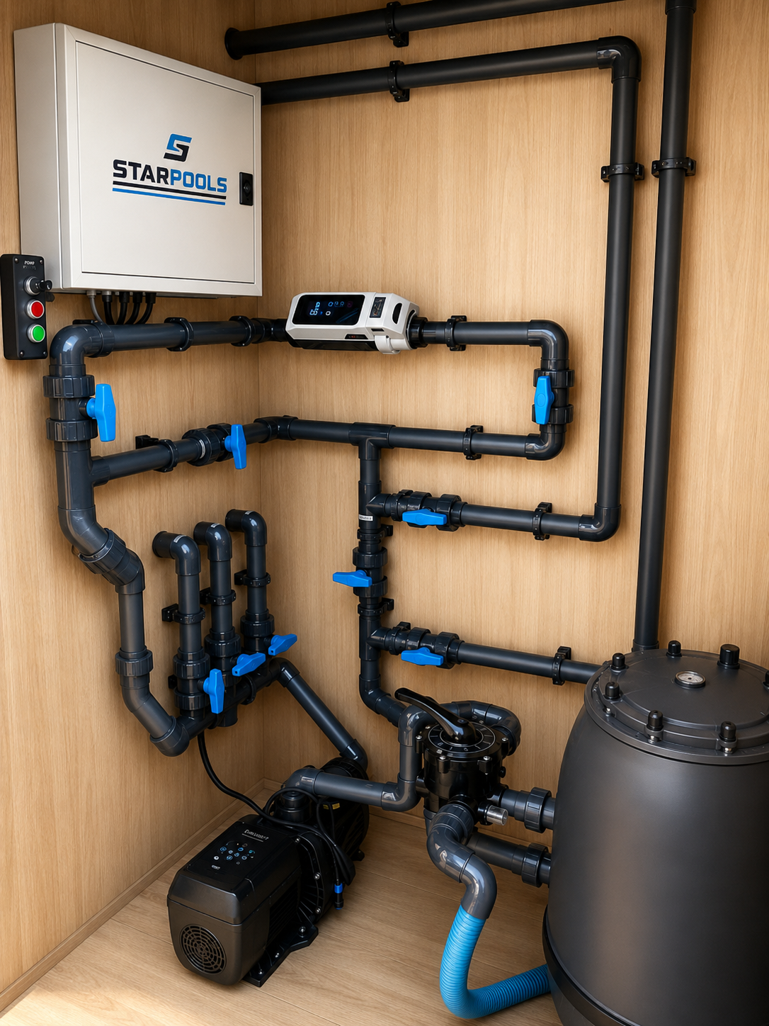 Premium StarPools technische installatie met pomp, filter en automatische waterbehandeling